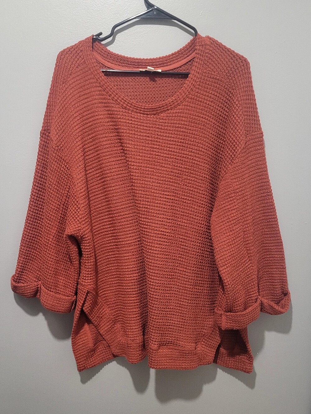 Umgee Boho Burnt Orange Waffle-Knit Scoop Neck Top Sz M Oversized